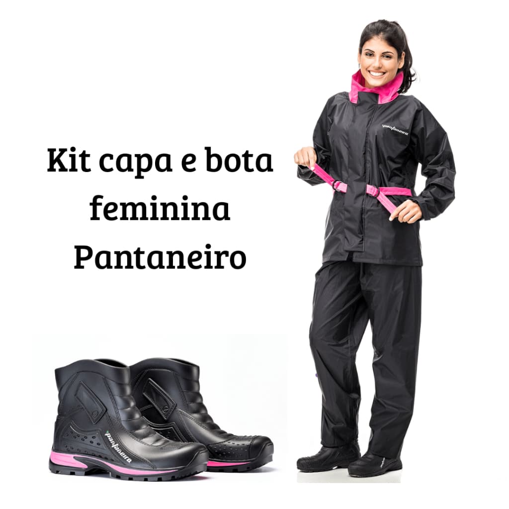 Capa de chuva nylon com gola preto/pink Pantaneiro e bota PVC Pantaneiro feminina