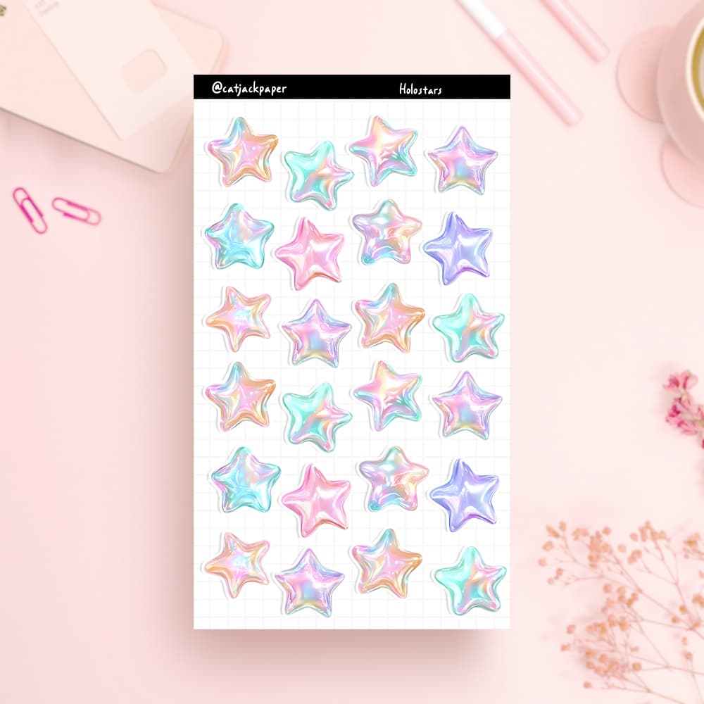 Cartelas Adesivas Estrelas Holo  - Cartela de adesivos Decorativos para Bullet Journal - cadernos - diários