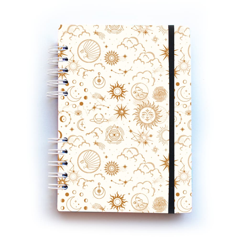 Caderno Sol e Lua Místico Artesanal Personalizado feito à Mão com Capa Dura e 80 Folhas espiral Wire-O
