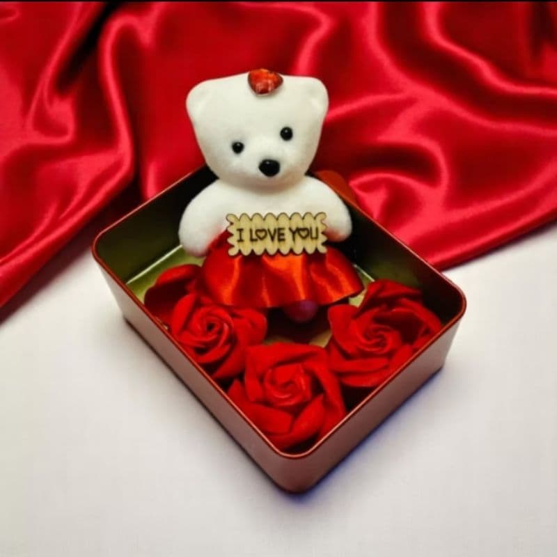 Caixa Presente Amor Flor e Urso Formato Coração Namorados Noivado