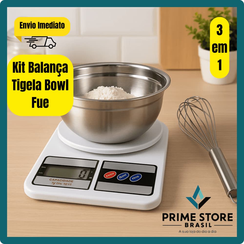 Kit Balança Digital 10kg + Tigela Mixing Bowl Inox 24cm + Batedor Fue Fouet 27,5cm Cozinha Completa