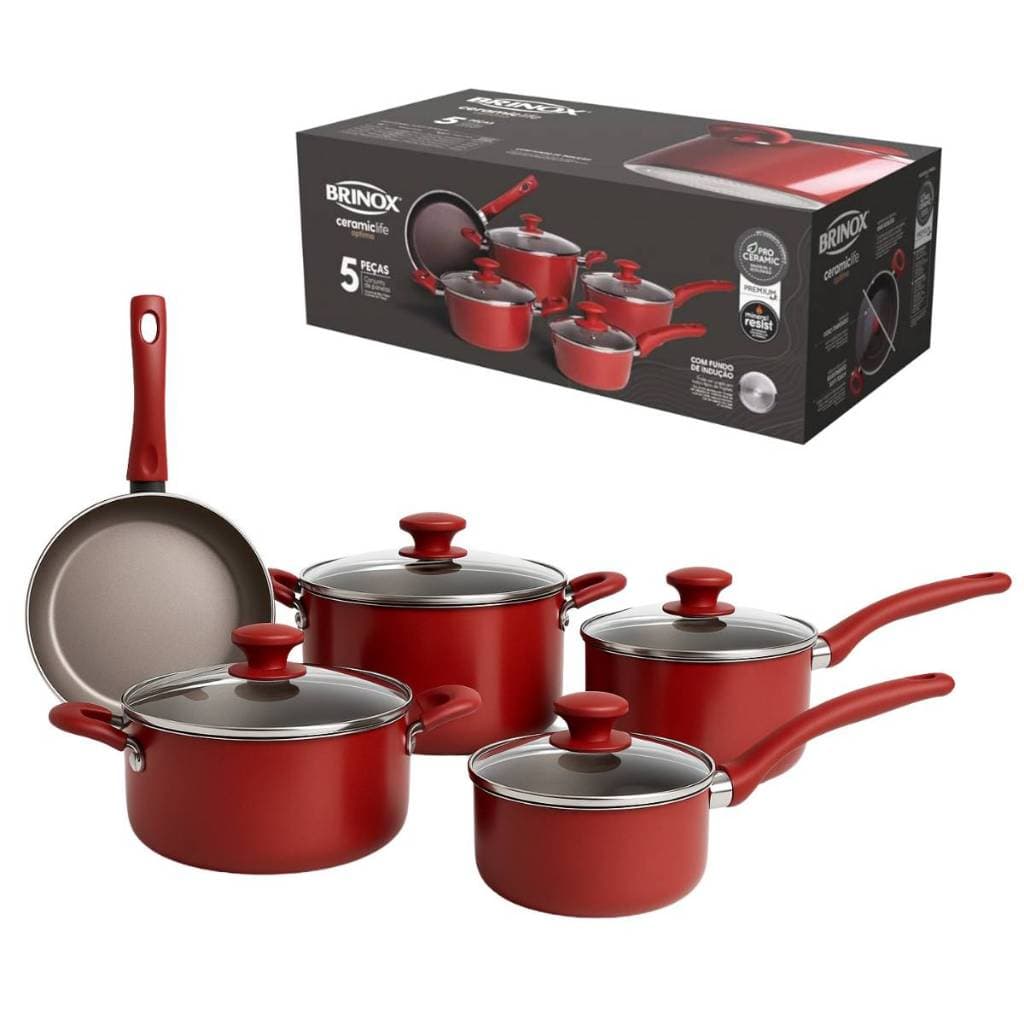 Jogo De Panelas Cerâmico Brinox Antiaderente Fogão Indução Gás Óptima 5 Peças