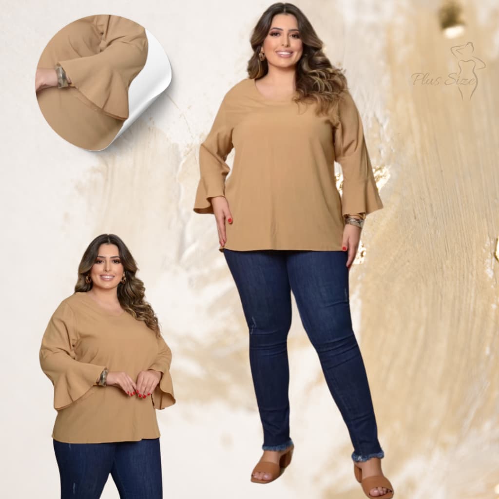 Plus Size Blusa Feminina Social Decote em V Manga ¾ com Punho Babado em Viscolinho Casual