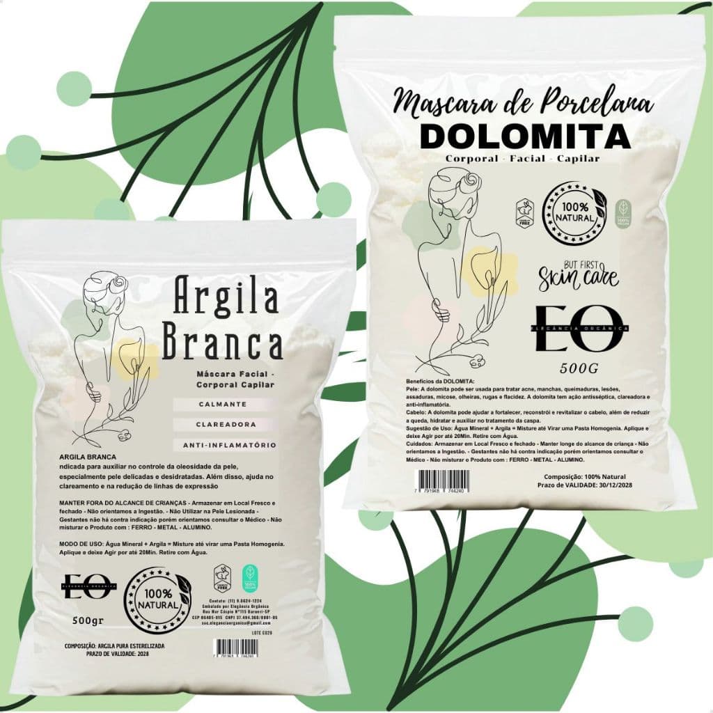 Kit Skincare Dolomita + Argila Branca 500g Cada Mascara de Porcelana Facial Corporal 100% Natural