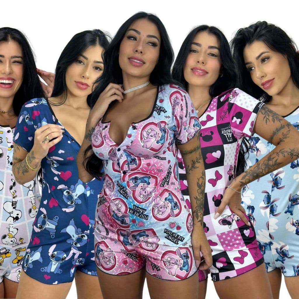 Pijama Macaquinho Doll Baby Lilo Stitch Roupa Dormir Feminino Estampado Personagens Suede Curto