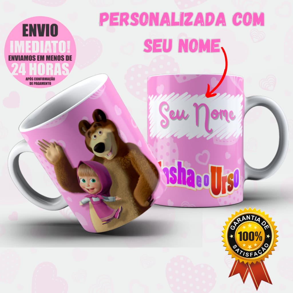 Caneca Personalizada COM NOME Masha e o Urso Presente Fofo Lembrancinha Polímero ou Porcelana Envio em 24h