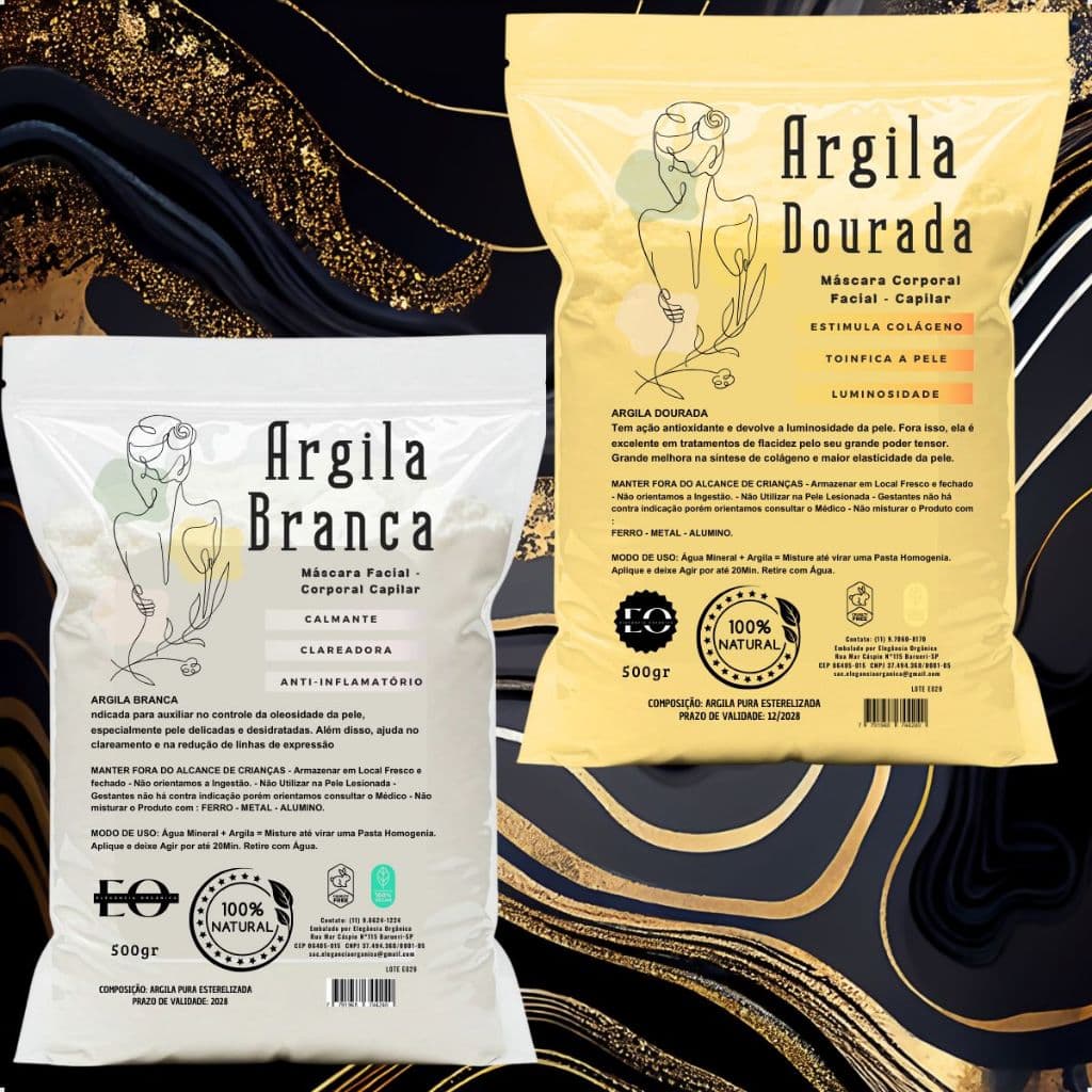 Kit Mascara Facial Argila Skincare Branca 500g Clareadora e Dourada 500g Rejuvenescedora Skin Care