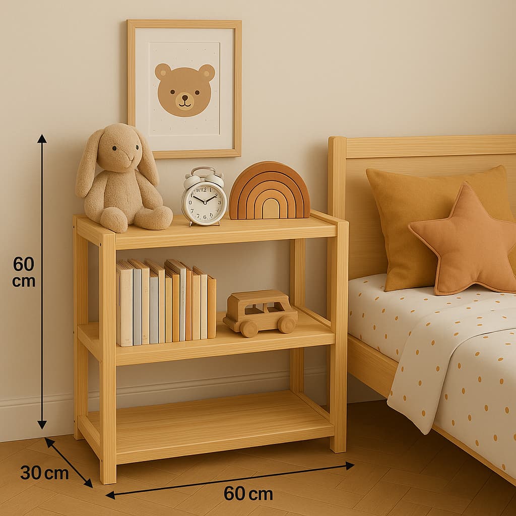 Estante Infantil de Madeira Pinus – Organizador com 3 Prateleiras para Quarto Montessori