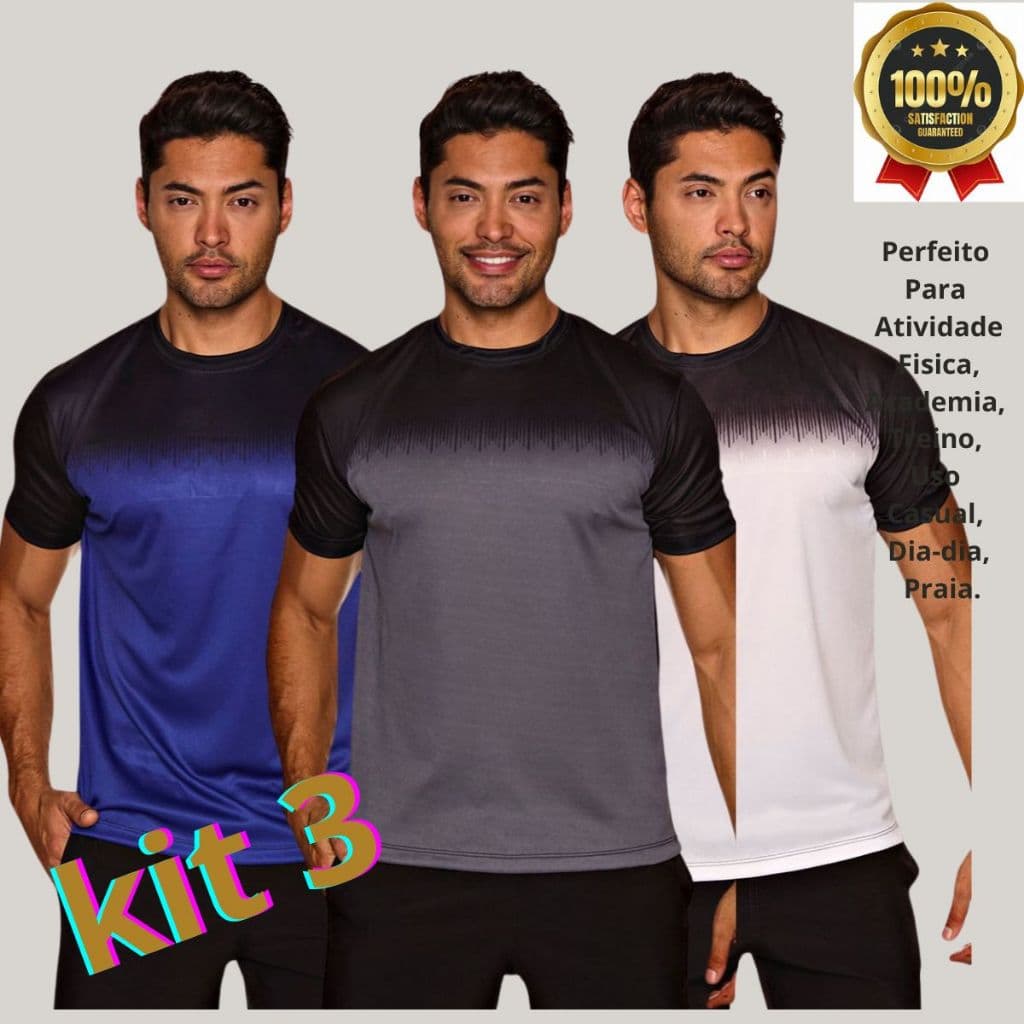 Kit 3 Camisas/Camisetas Dry Fit D`grade Masculina Tecido Leve-Respiravel Esportivo-Academia-Treino