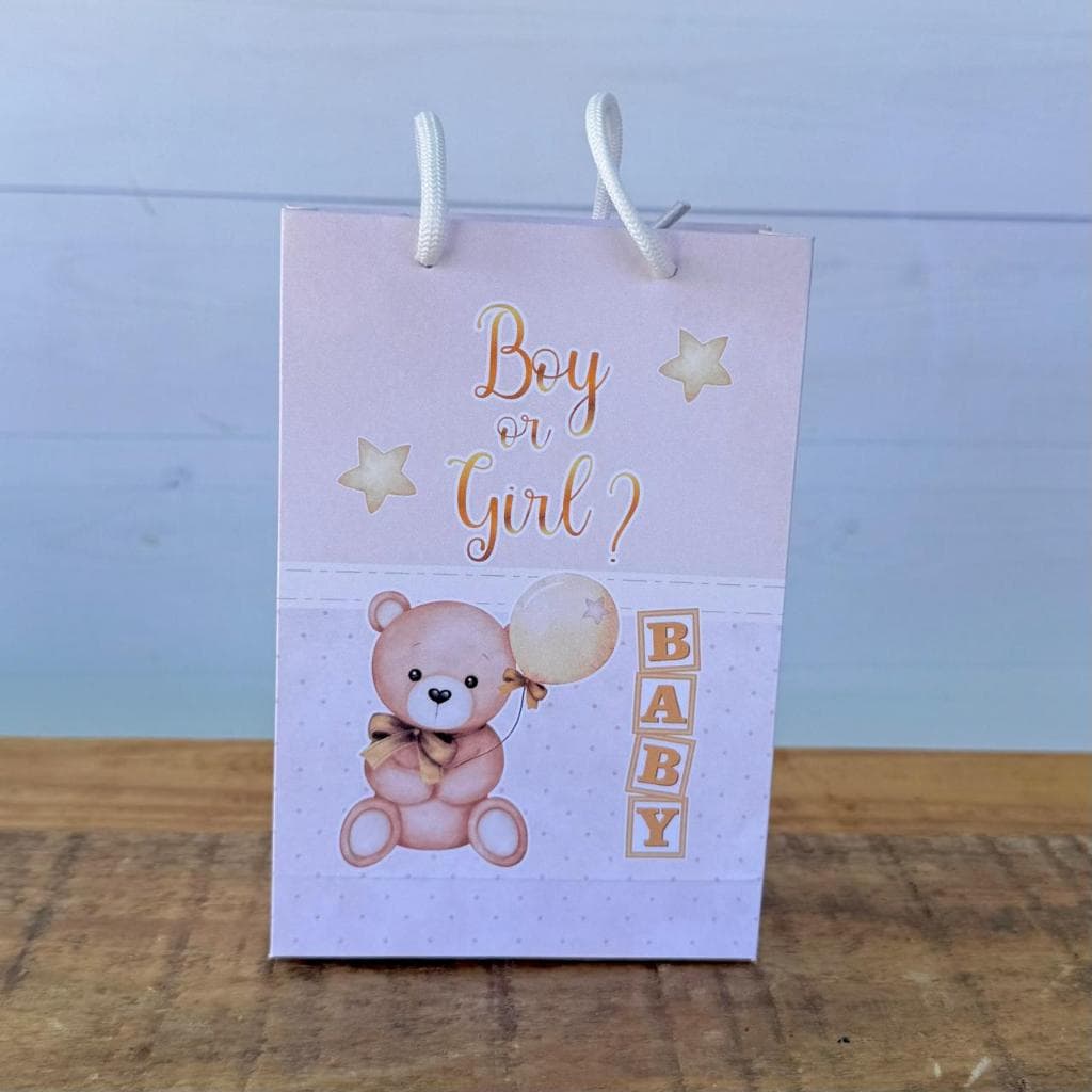 Sacolinha Personalizada Chá Revelação Bege e Dourado | Pegue e Monte | Lembrancinhas | Festa infantil | Aniversário
