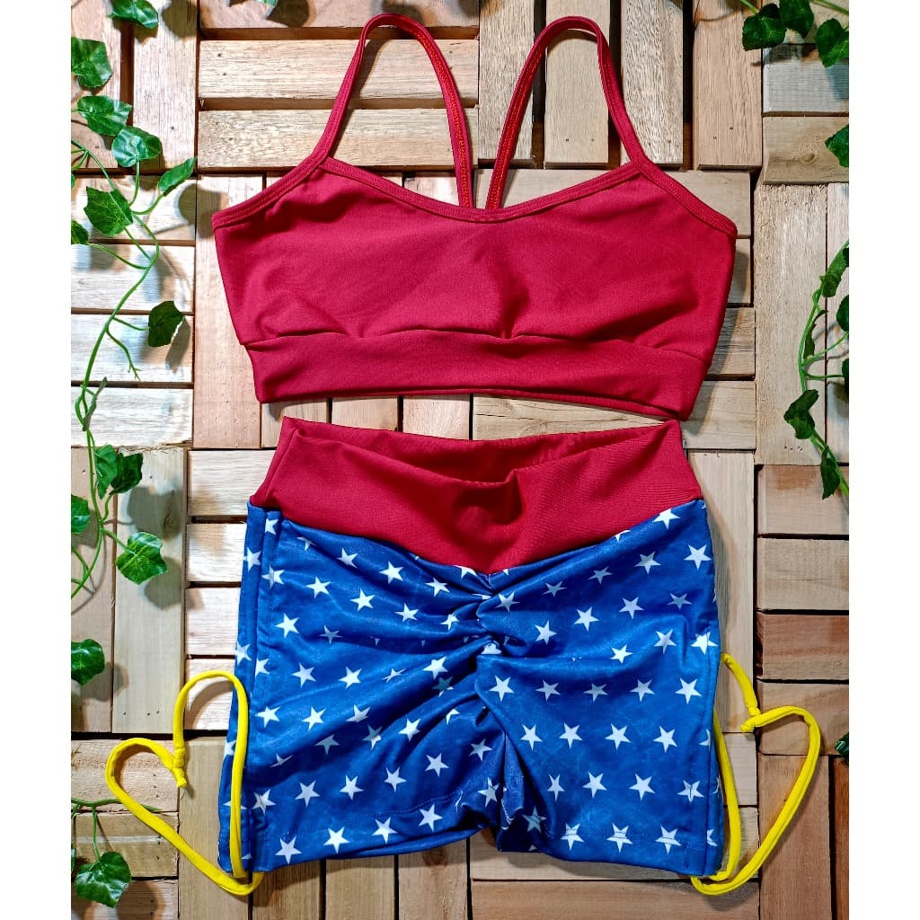 Conjunto fitness academia short estampado empina bumbum com lacinho lateral
