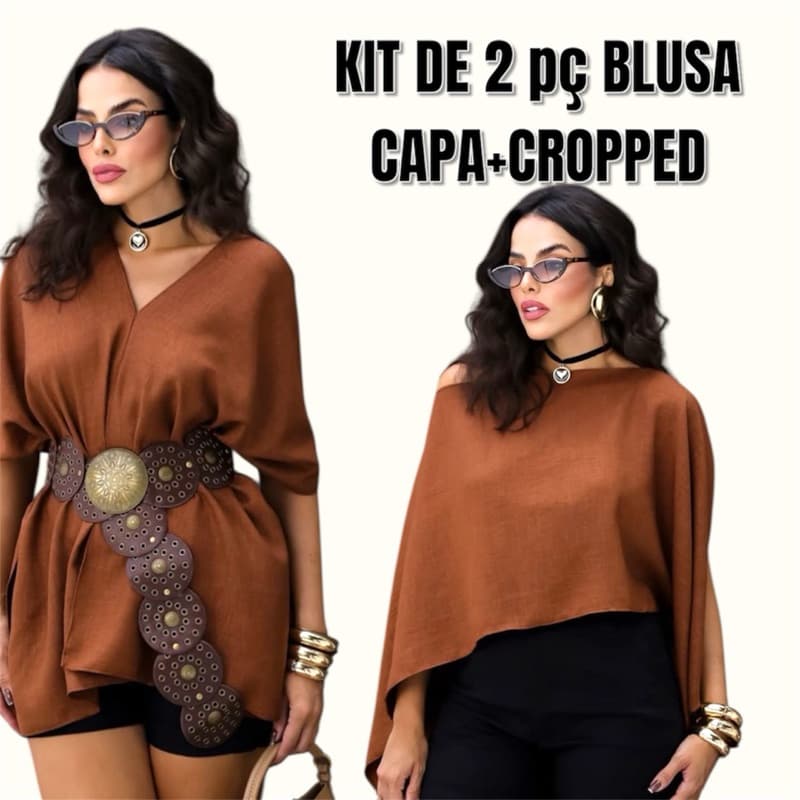 Blusa Femenina Capa Kit Cropped e Top Boho Chic Bata Assimétrica Multi formas Social e Elegante 2025
