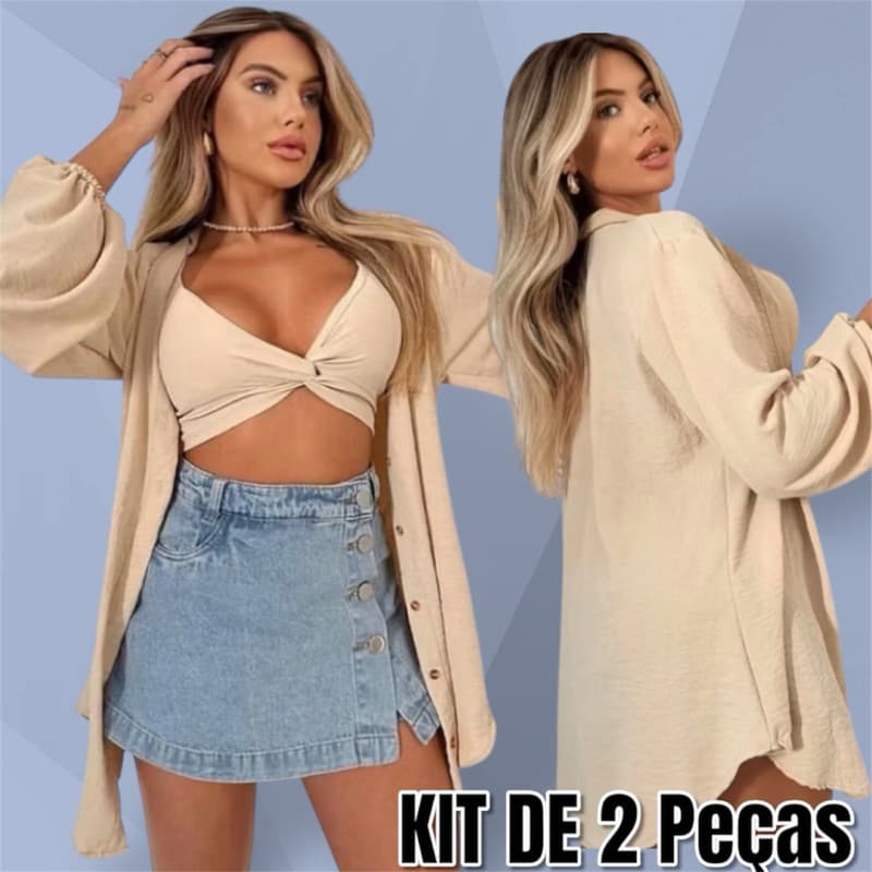 Conjunto Feminino com cropped kimono feminino luxo Conjunto Com Camisa Chamise