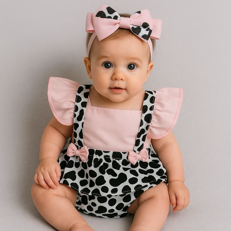Body Temático Roupinha bebê Romper Vaquinha Fazendinha Bezerrinha + Laço