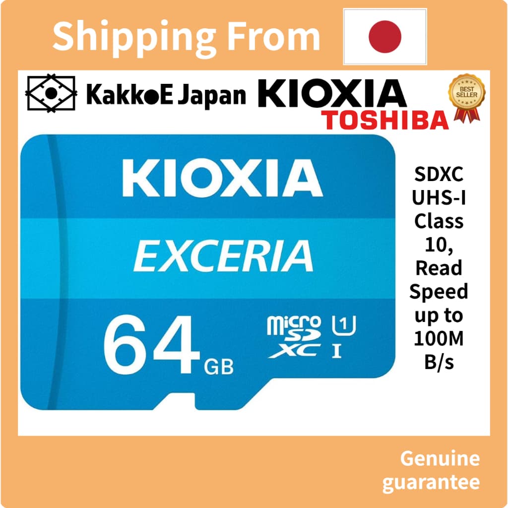 KIOXIA TOSHIBA 64GB micro SD Card micro SDXC UHS-I Class 10 with adaptor – 100MB/s Read Speed, High-Speed Memory Card for Camera, Video, DSLR, Mirrorless, Made in Japan (KLNEA064G)