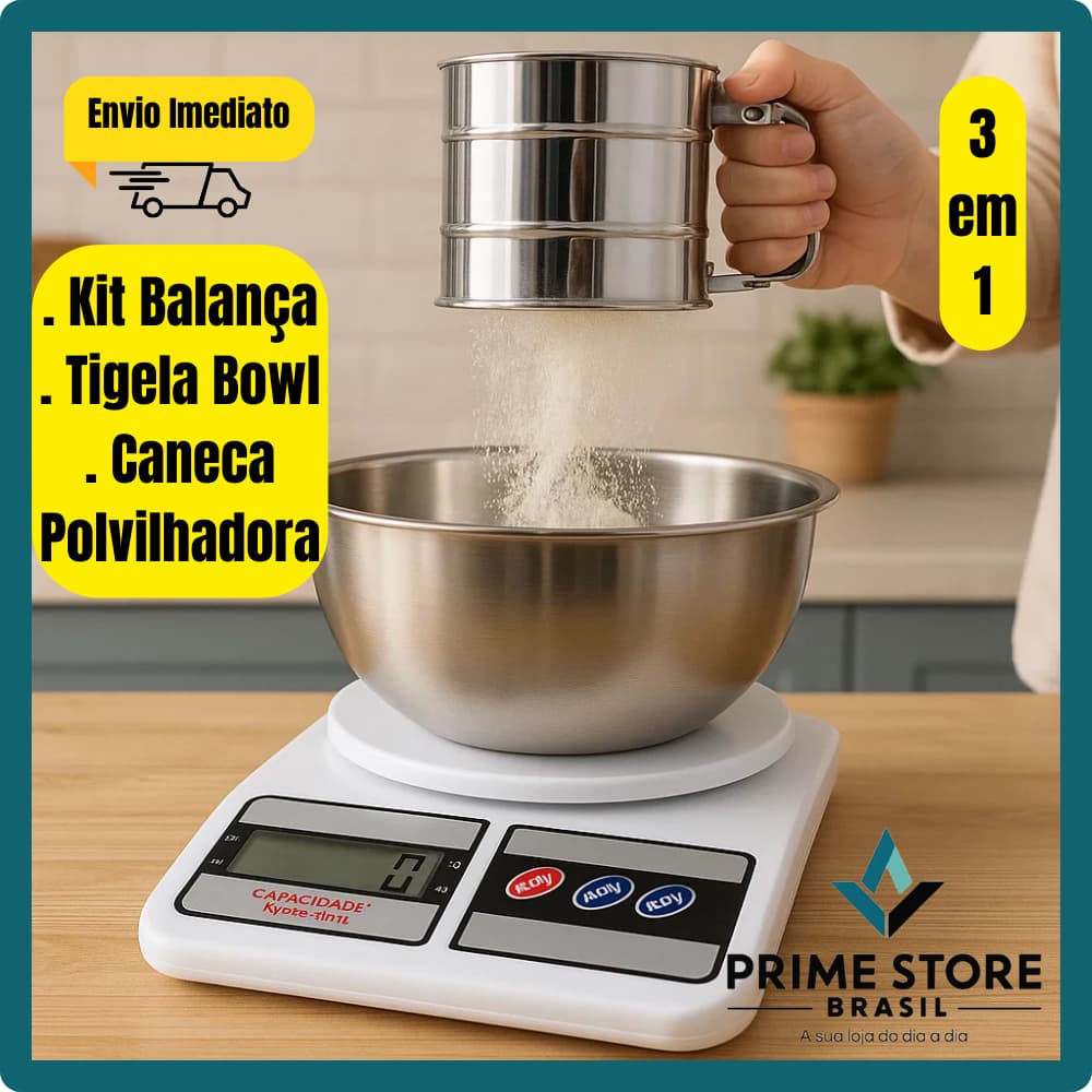 Kit Balança Digital 10kg + Tigela Inox 26cm + Caneca Peneira Polvilhadora Inox Cozinha Completa