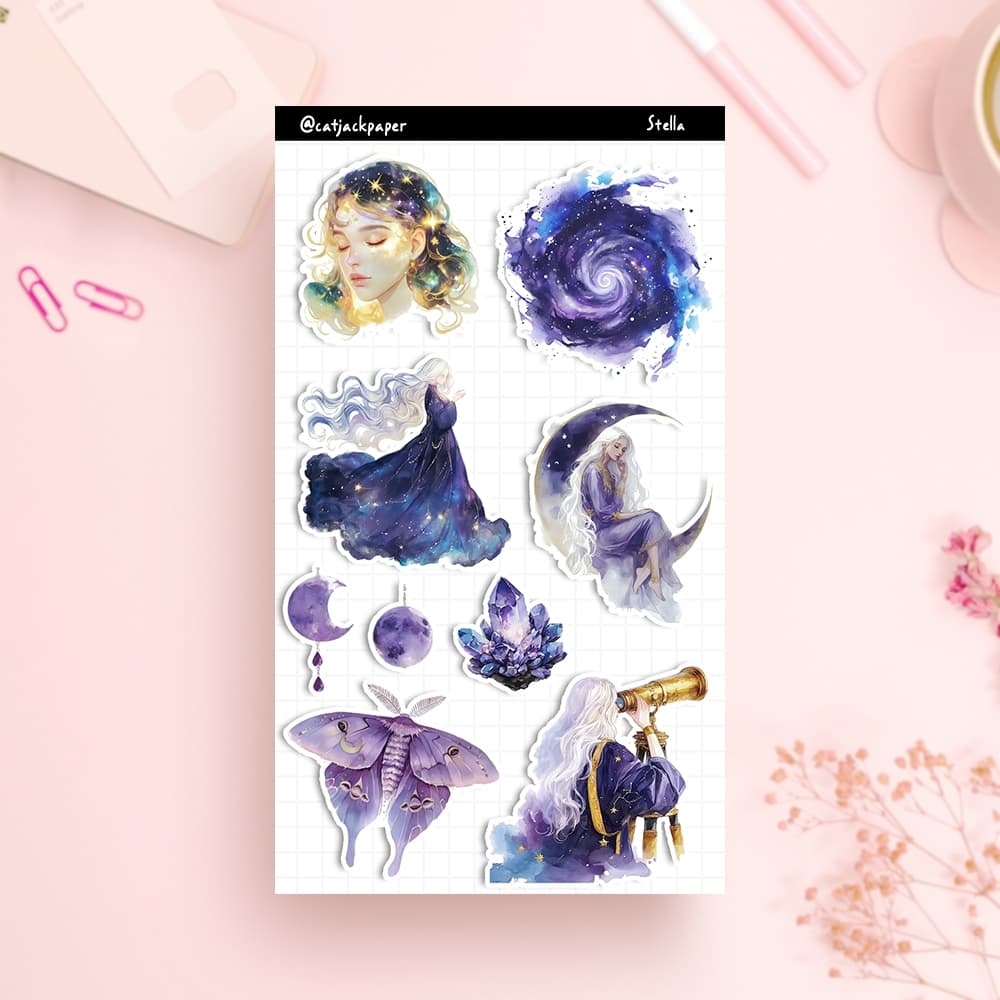 Cartela de adesivos Decorativos para Bullet Journal - cadernos - diários - Temas Celestiais Universo