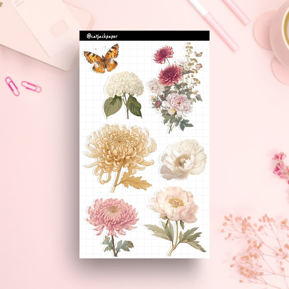 Flores Vintage - Cartela de adesivos Decorativos para Bullet Journal - cadernos - diários