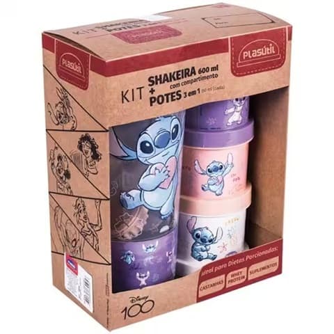 Kit Garrafa escolar shakeira com pote 3 em 1 Stitch Disney Plasutil - CX 4 UN