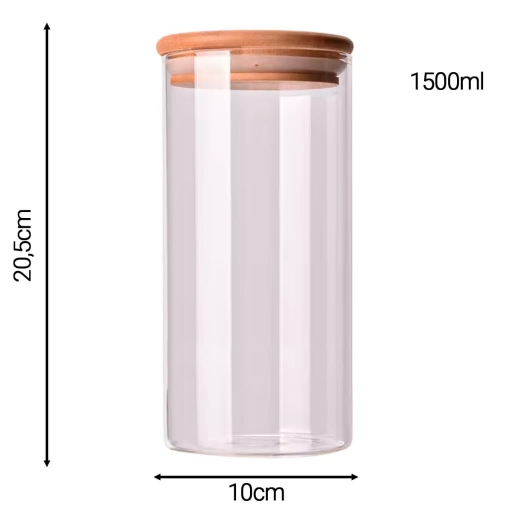 Pote De Vidro Hermético Redondo 1500ml Com Tampa De Bambu Moderno