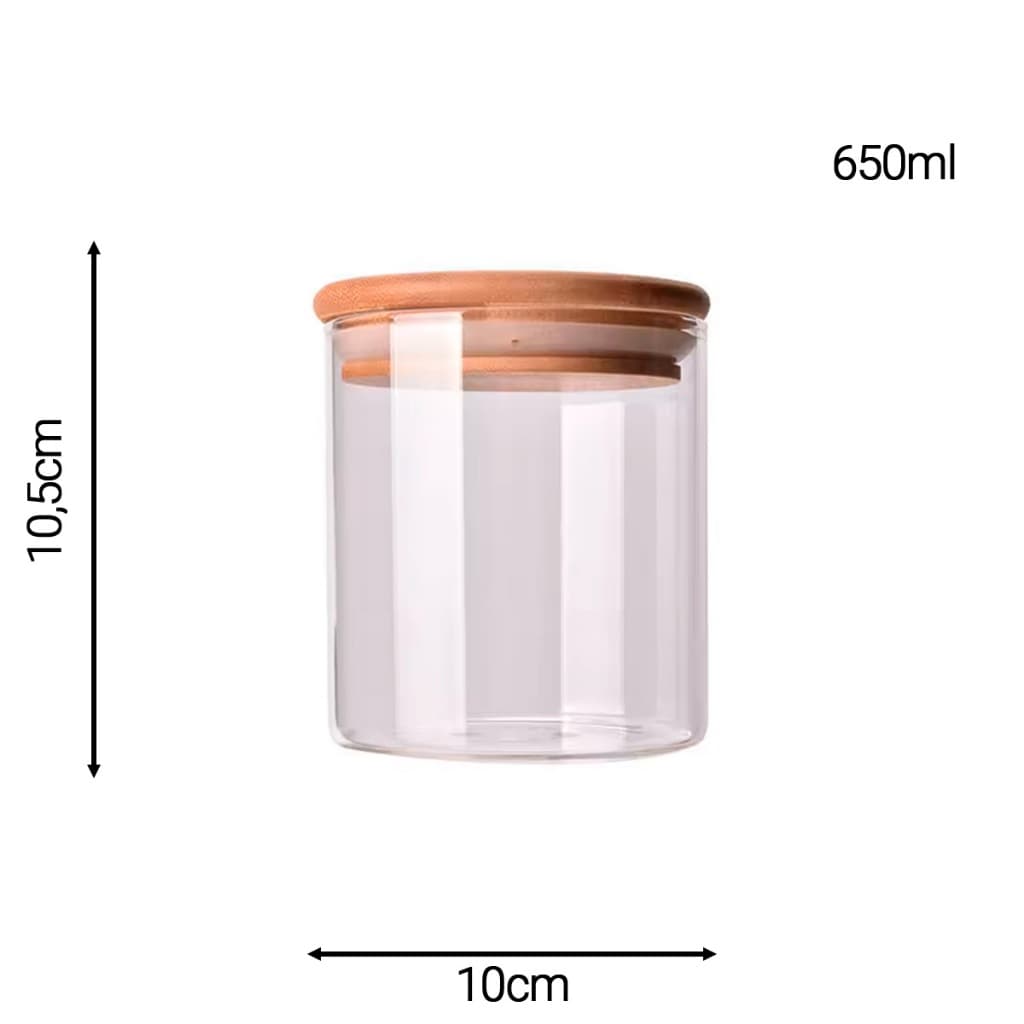 Pote De Vidro Hermético Redondo 650ml Com Tampa De Bambu Moderno
