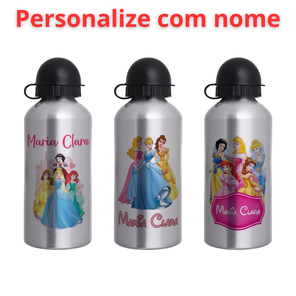 Garrafa Squeeze Infantil de alumínio  com 500ml  - Personalizada com nome -  Princesas