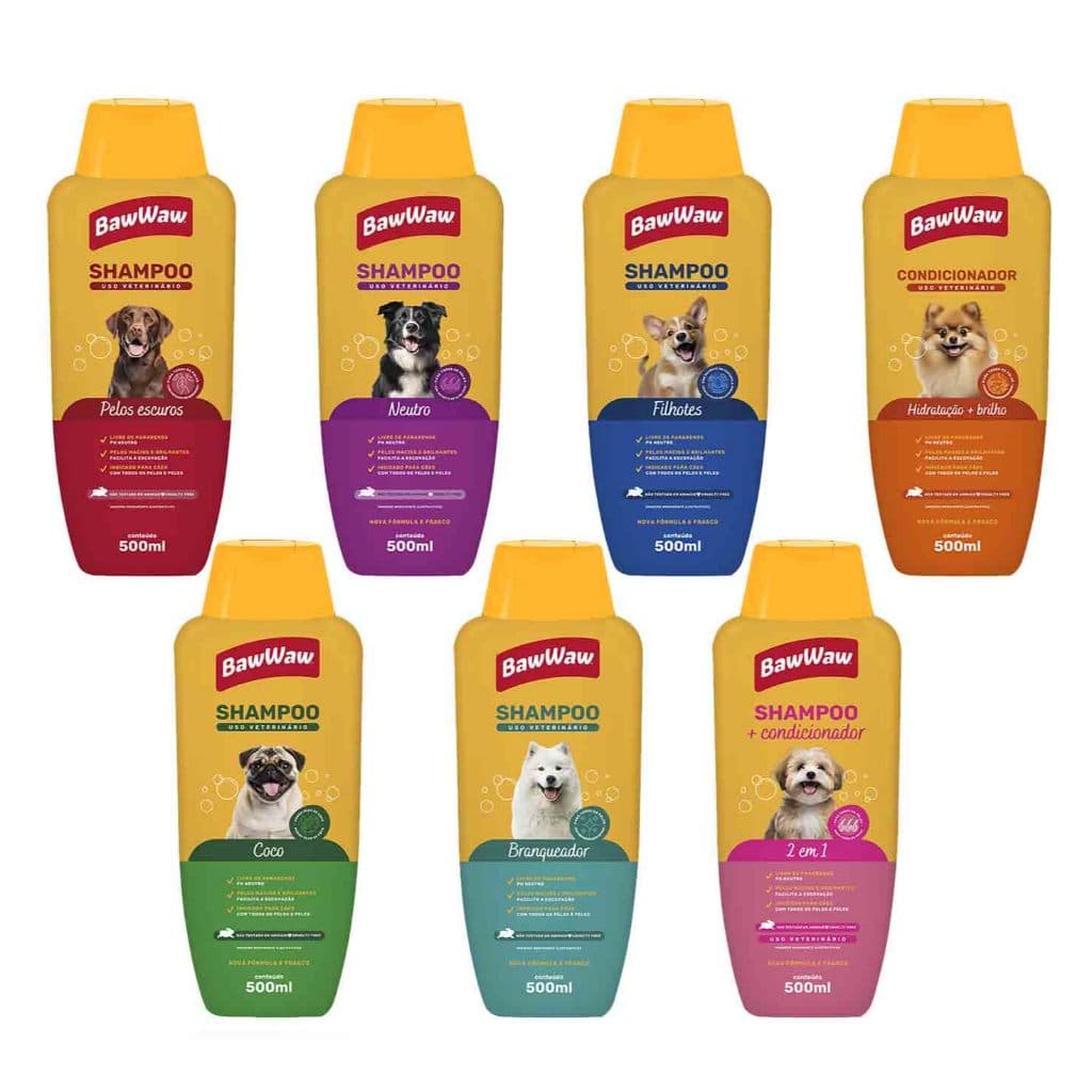 Baw Waw shampoo e condicionador p/ pet filhote adulto sênior pelos claros escuros mistos 500ml