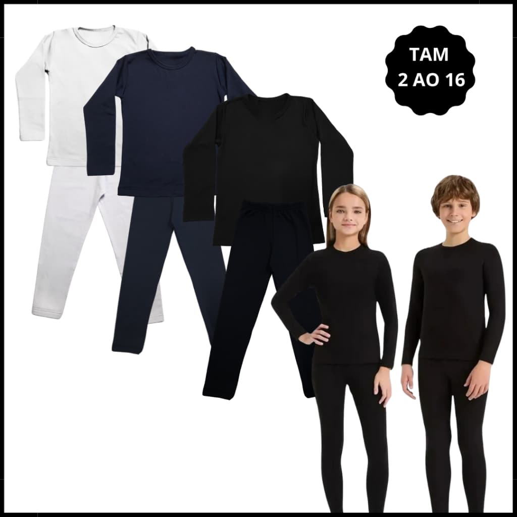 Kit 2 Conjuntos Térmico Infantil Segunda Pele Infantil Flanelado Liso Inverno 1 ao 16