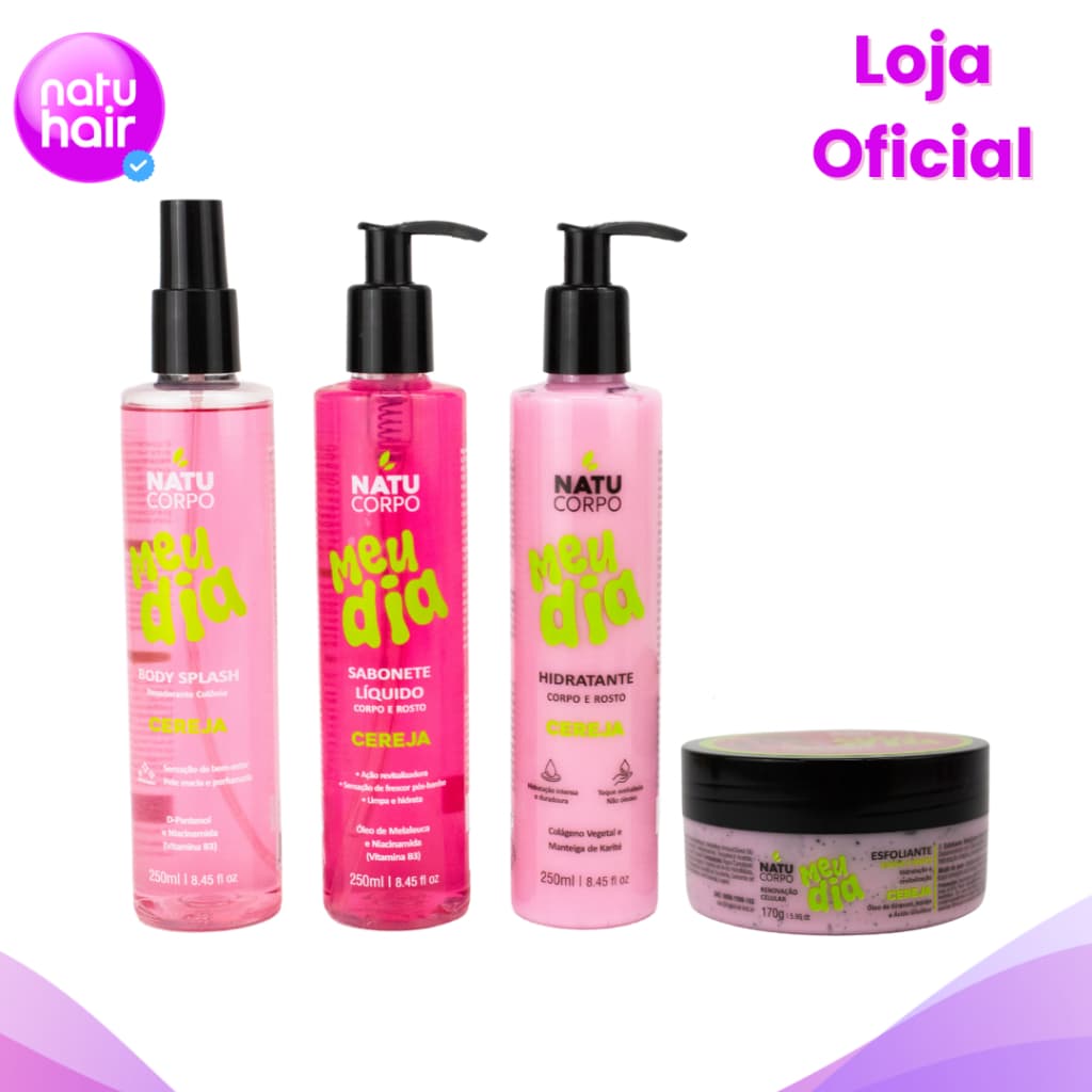 Kit Cereja Completo  Body Splash 250ml + Hidratante 250ml + Sabonete Líquido 250ml + Esfoliante 170g