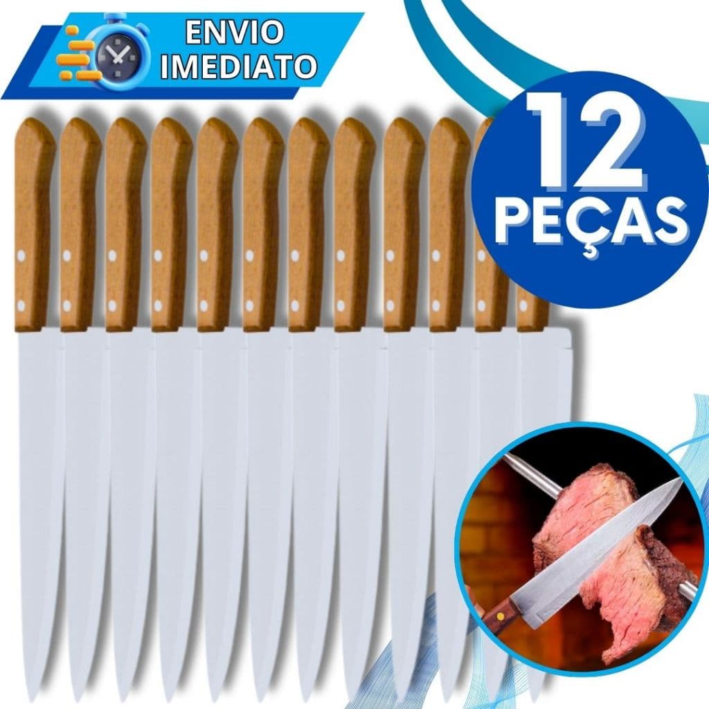 KIT 12 Faca de Cozinha Inox Profissional Afiada Do Chef Cabo Madeira para Casa Restaurante Açougue Churrascaria