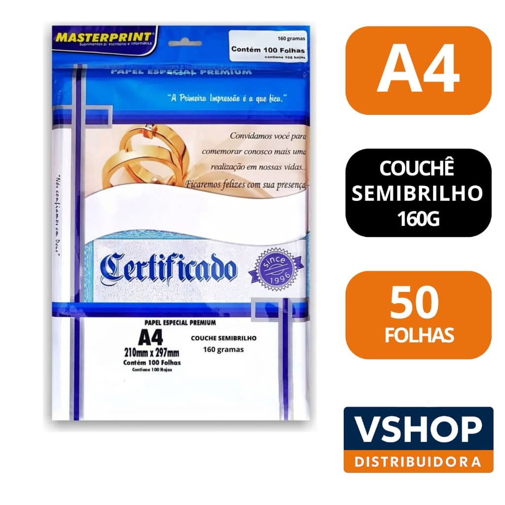 Papel fotográfico Couchê A4 160g semibrilho 50 folhas Branco Convite Cartões Certificados