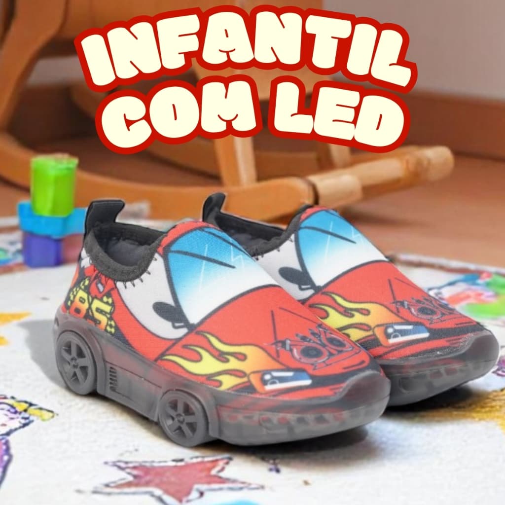 Tênis Infantil para Menino com Luz de LED Luizinha Calce Fácil Estilo Carros