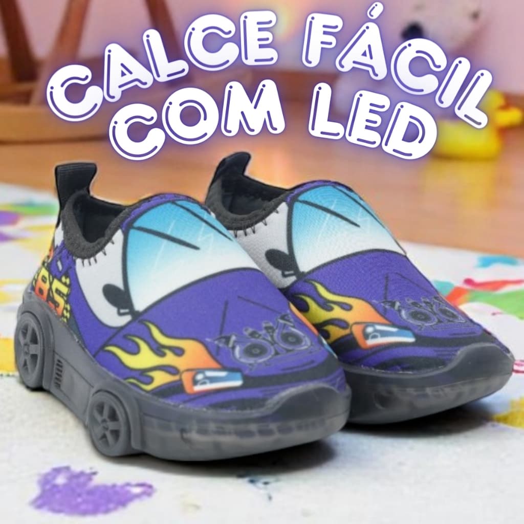 Tênis Infantil Masculino com Luz LED Luizinha Calce Fácil Tema Carros