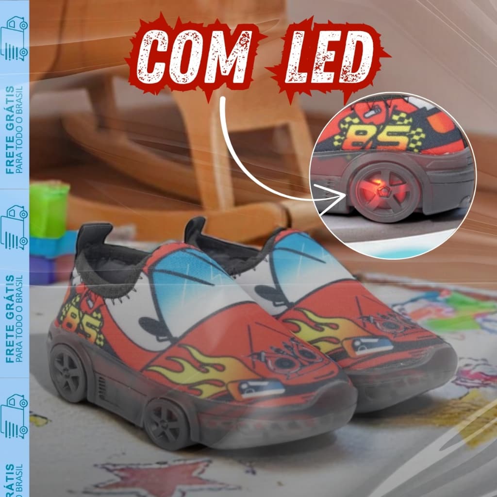 Tênis Masculino Infantil com Luz LED Luizinha Carros Calce Fácil Confortável