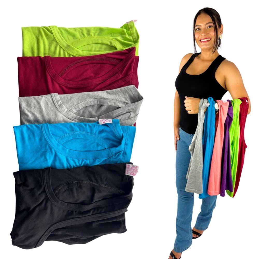 Kit 5 Regatas Blusas Camiseta Feminina Slim Lisa Nadador Casual Fit