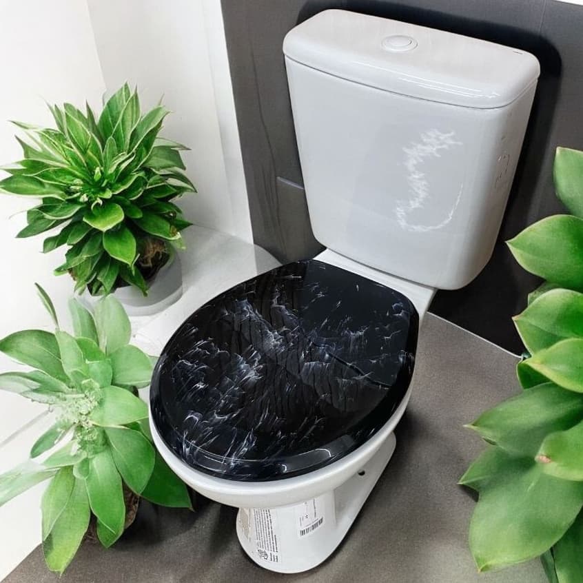 Assento Sanitario almofadado Decorado Marmorizado Universal Ovais Tampa De Vaso Preto
