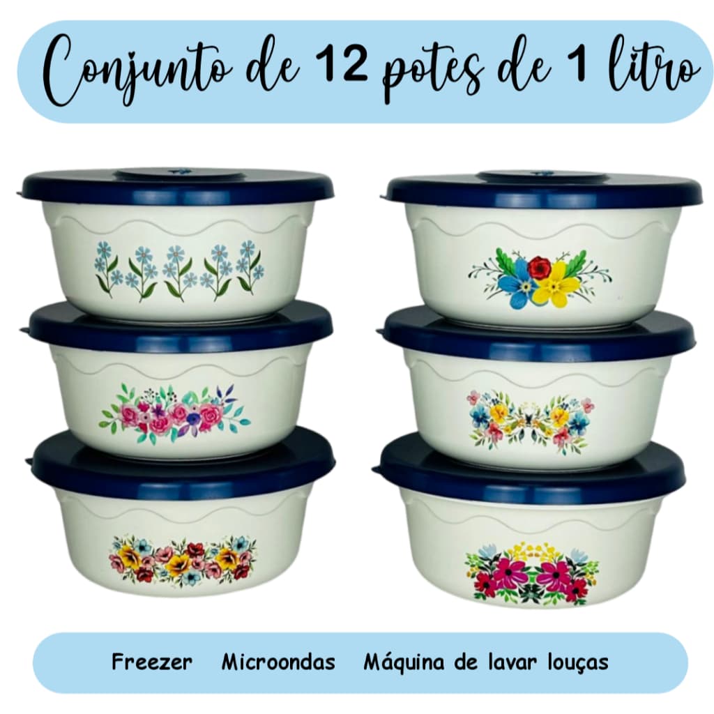 12 unidades de Potes plásticos grandes 1000ml  - Pote organizador marmita mantimentos. Estampados