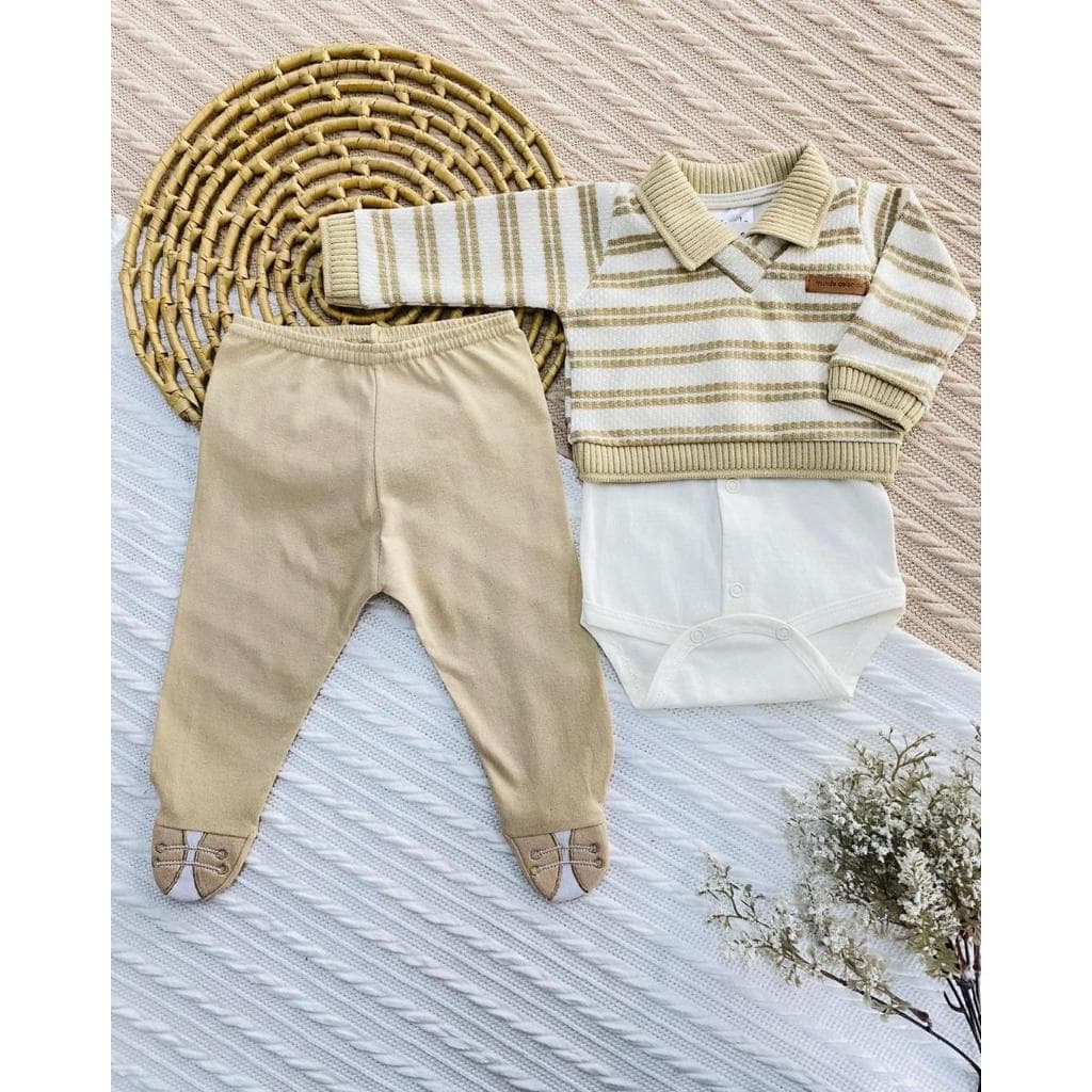 Conjunto Saída de Maternidade RN 3 Peças Body Colete Tricô e Mijão Algodão Bebê Recém-Nascido