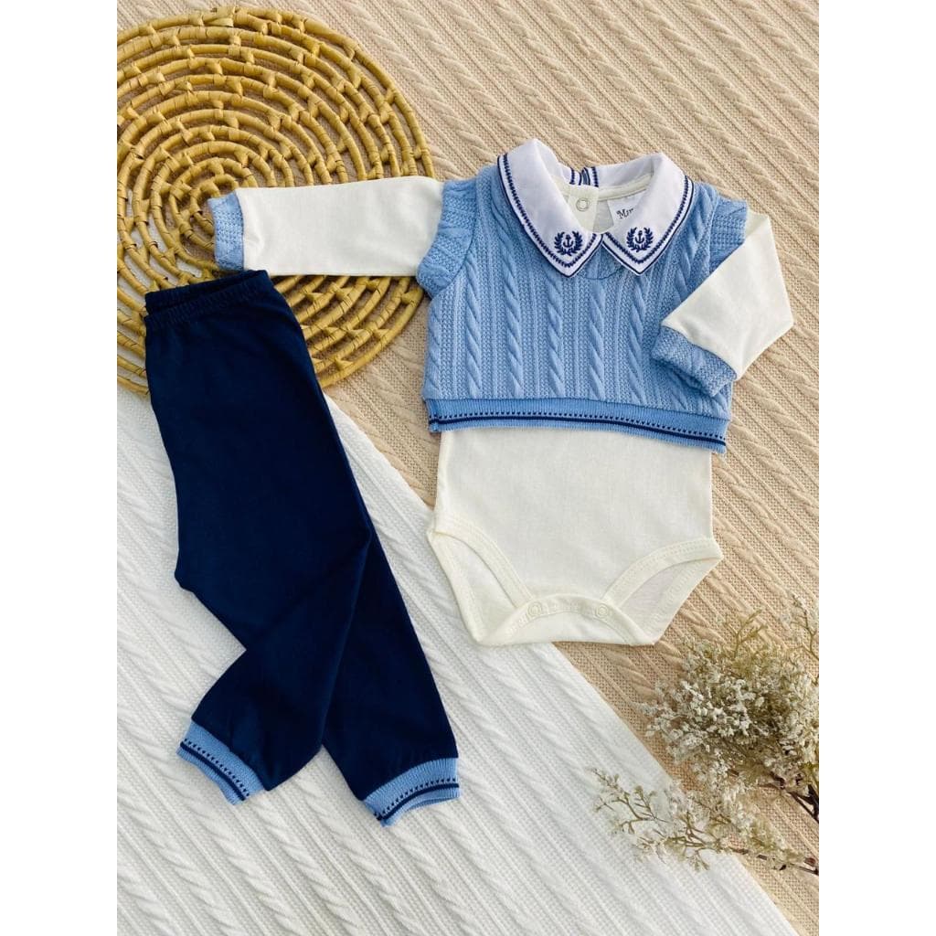 Conjunto Saída de Maternidade RN 3 Peças Body Colete Tricô e Mijão 100% Algodão Bebê