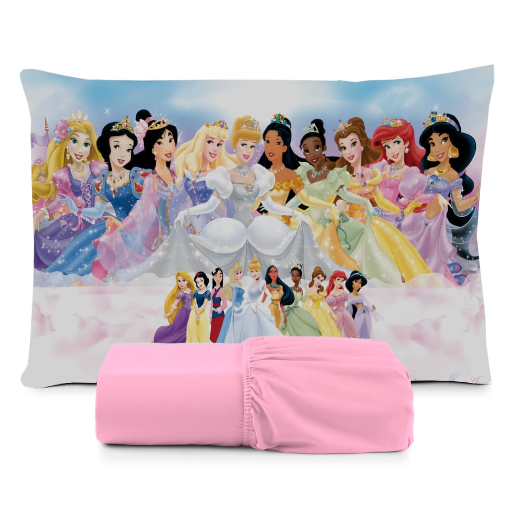 JOGO DE LENÇOL SOLTEIRO 2 PEÇAS, LENÇOL DE ELASTICO, CAPA DE TRAVESSEIRO,  PRINCESAS DISNEY