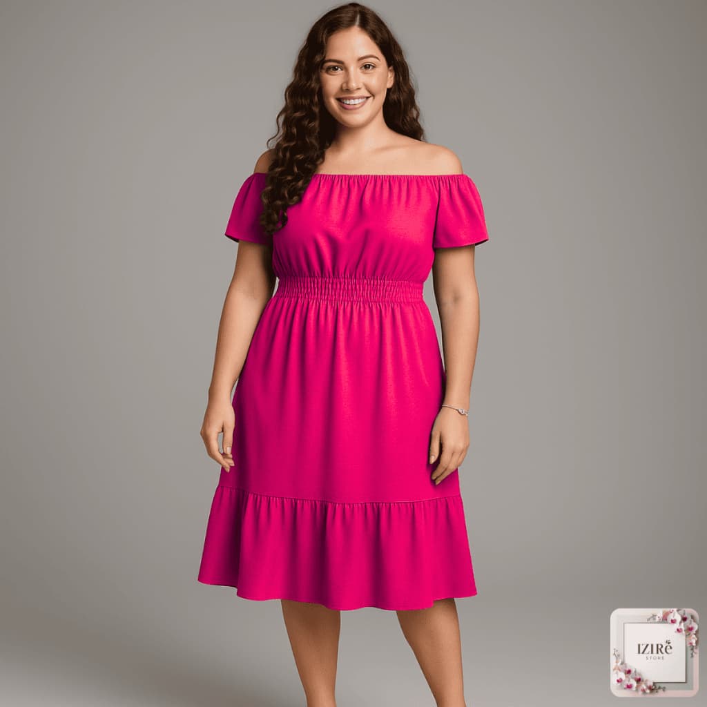Vestido Feminino Midi Plus Size Ciganinha Ombro a Ombro Babado Conforto Estilo Crepe Duna M ao G3