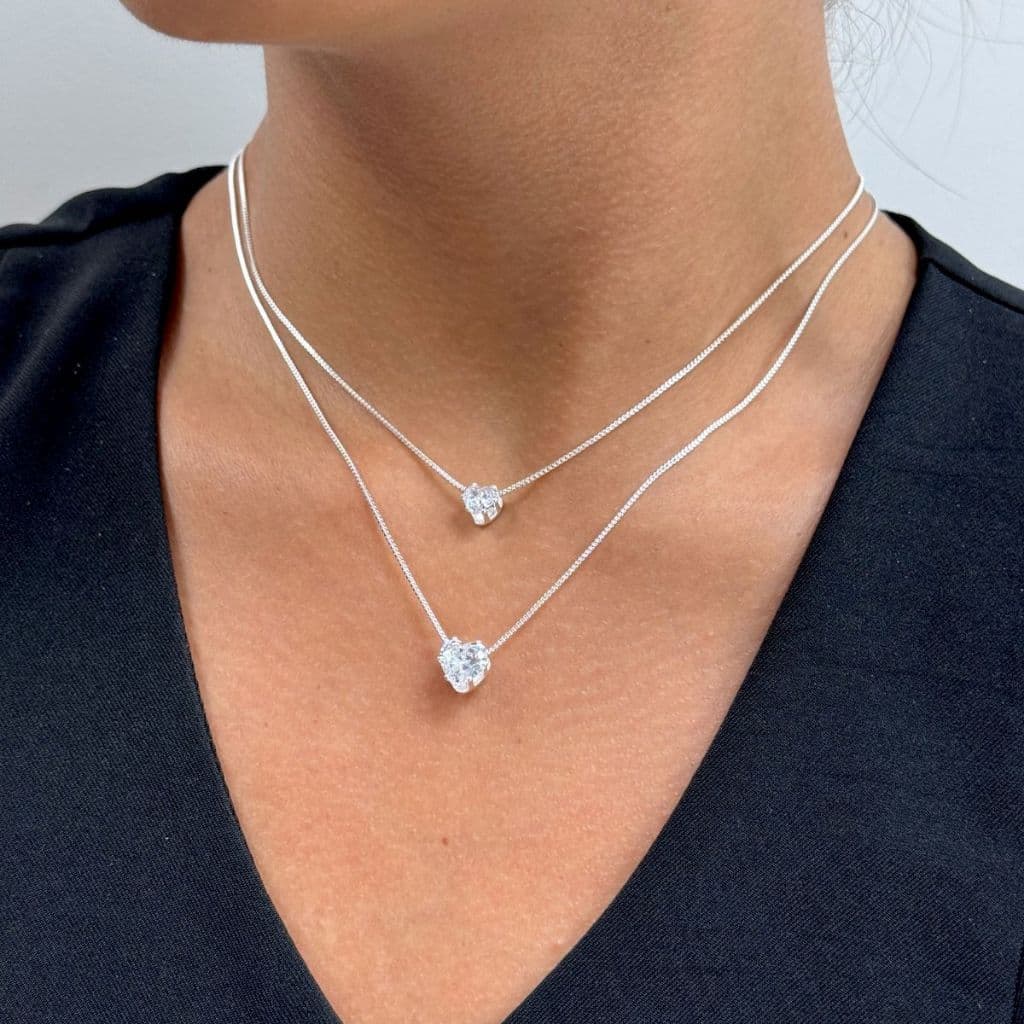 Colar Duplo Coração Cristal Banhado a Prata 925
