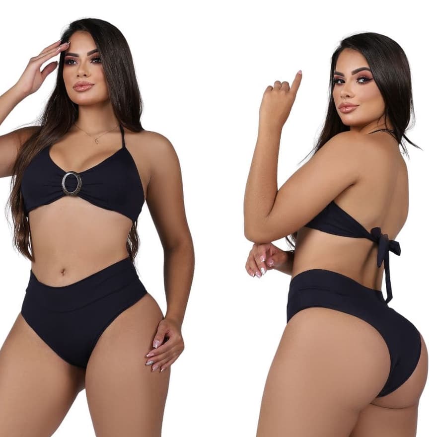 Conjunto Biquíni Moda Praia com Acrílico Moda Blogueira Feminino Verão Preto