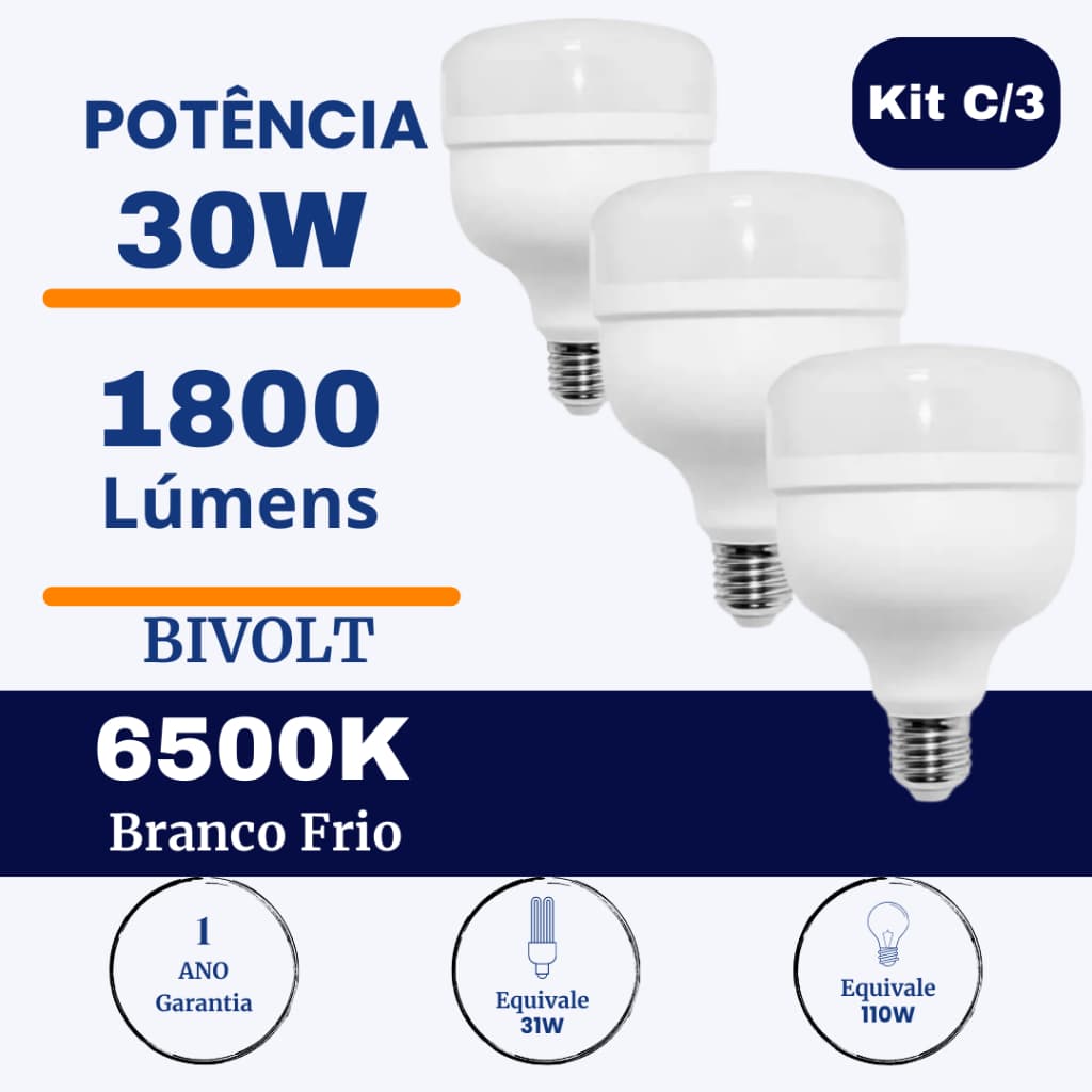 Kit 3 Lâmpadas Bulbo LED 30W Branco Frio 6500K