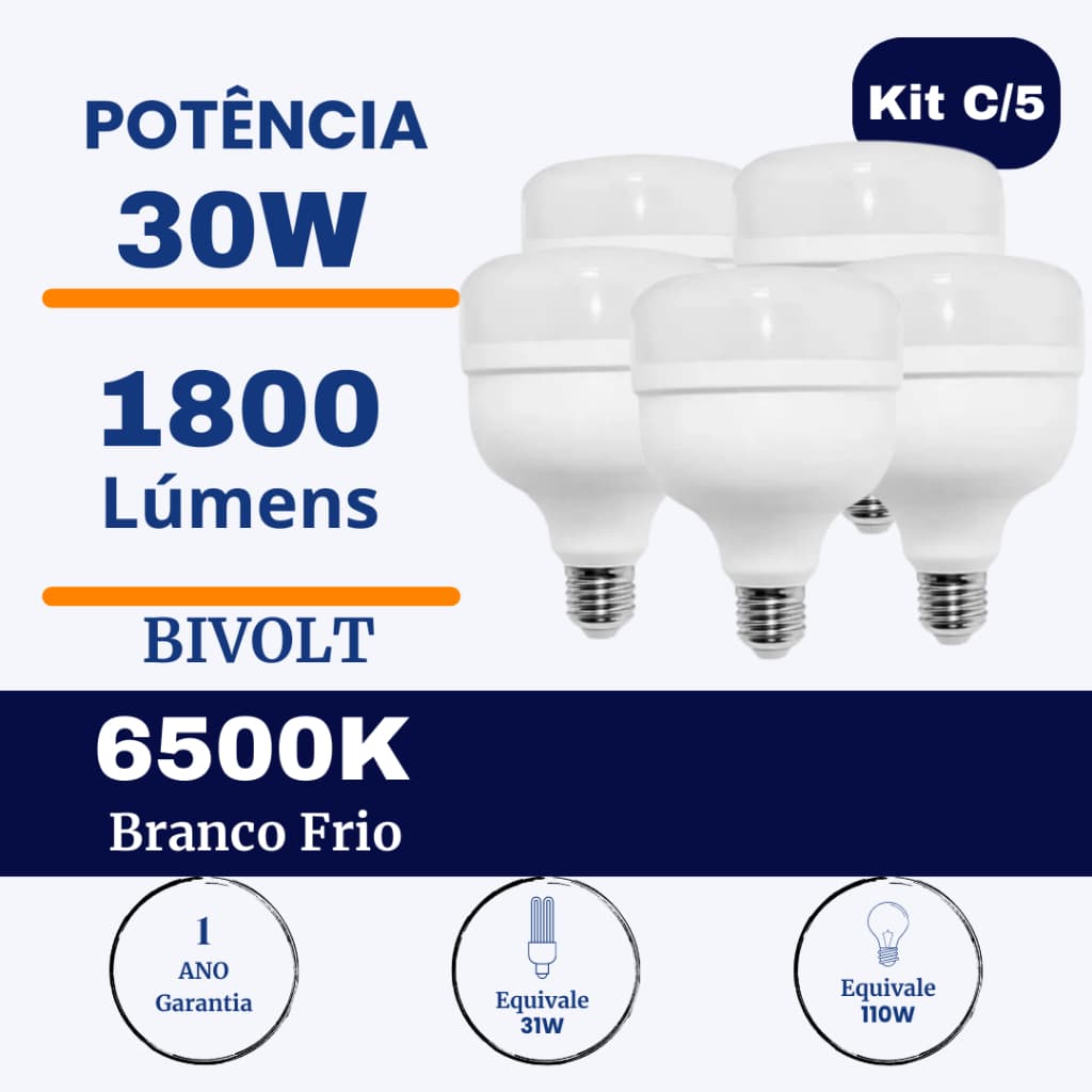 Kit 5 Lâmpadas Bulbo LED 30W Branco Frio 6500K