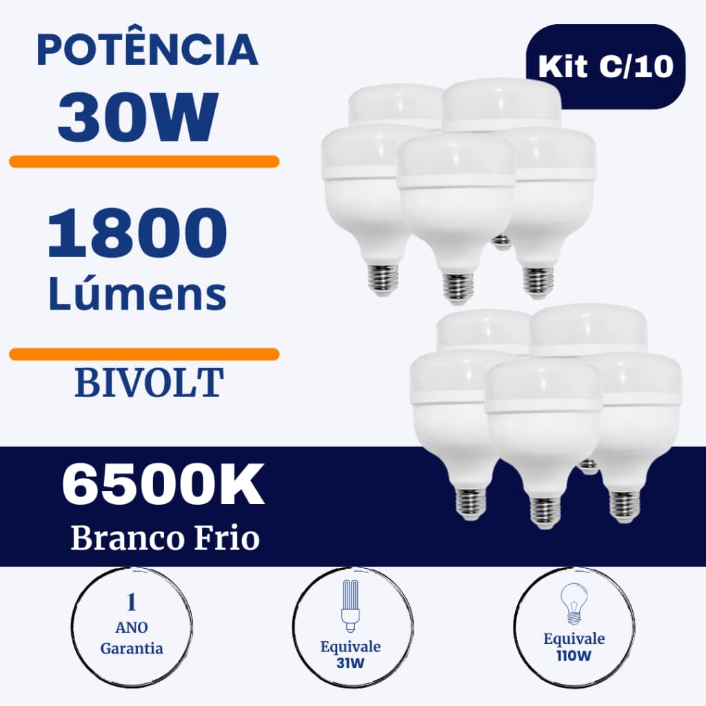 Kit 10 Lâmpadas Bulbo LED 30W Branco Frio 6500K
