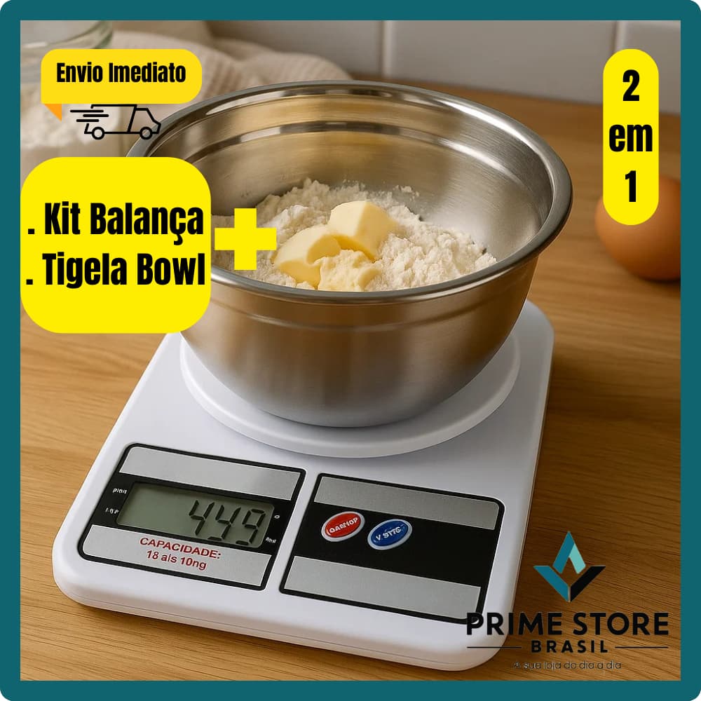 Kit Balança de Cozinha Digital 10kg + Tigela Mixing Bowl Inox 26cm Multiuso