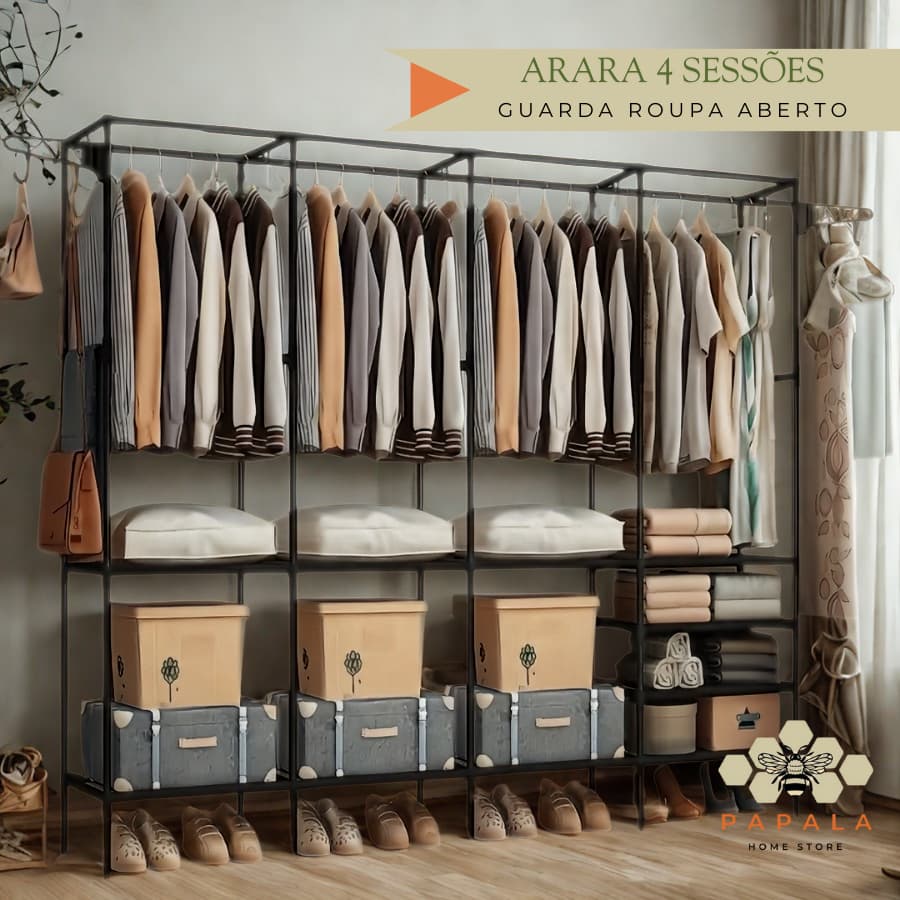 Arara de Roupas com Prateleiras Cabideiro Closet Grande Portátil Casal Solteiro Desmontável