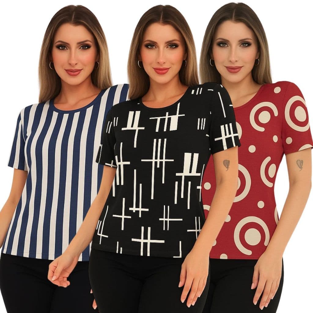 Kit 3 Blusinha Baby Look Feminina Manga Curta Verão M G GG ESTAMPAS SORTIDAS