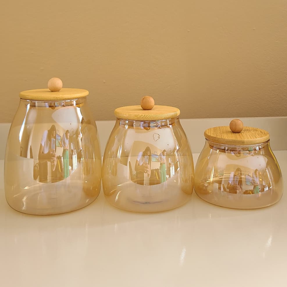 Kit Potes de Vidro com Tampa Bambu Dourado ÂMBAR BOLINHA Hermético Porta Mantimentos organização cozinha decoração